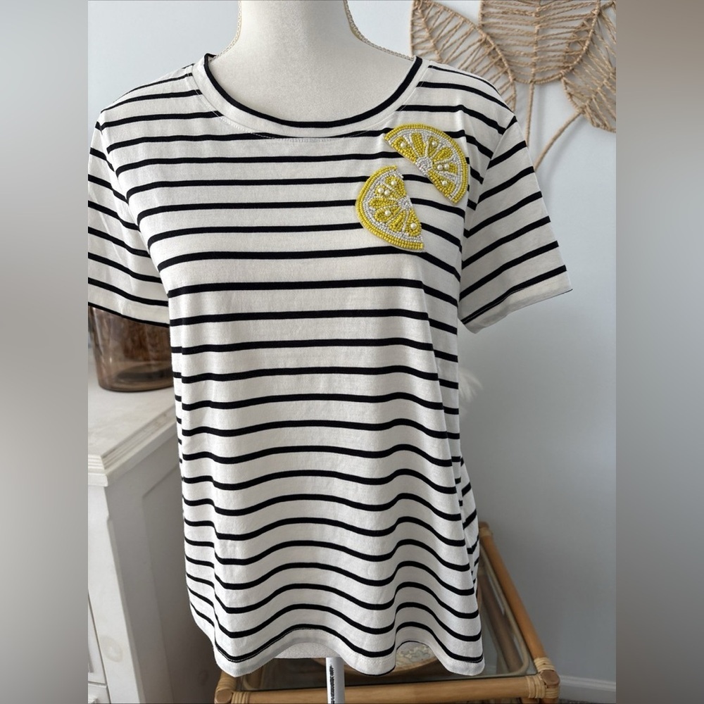 PHILOSOPHY | Black and White Striped Tee with Beaded Lemon Design